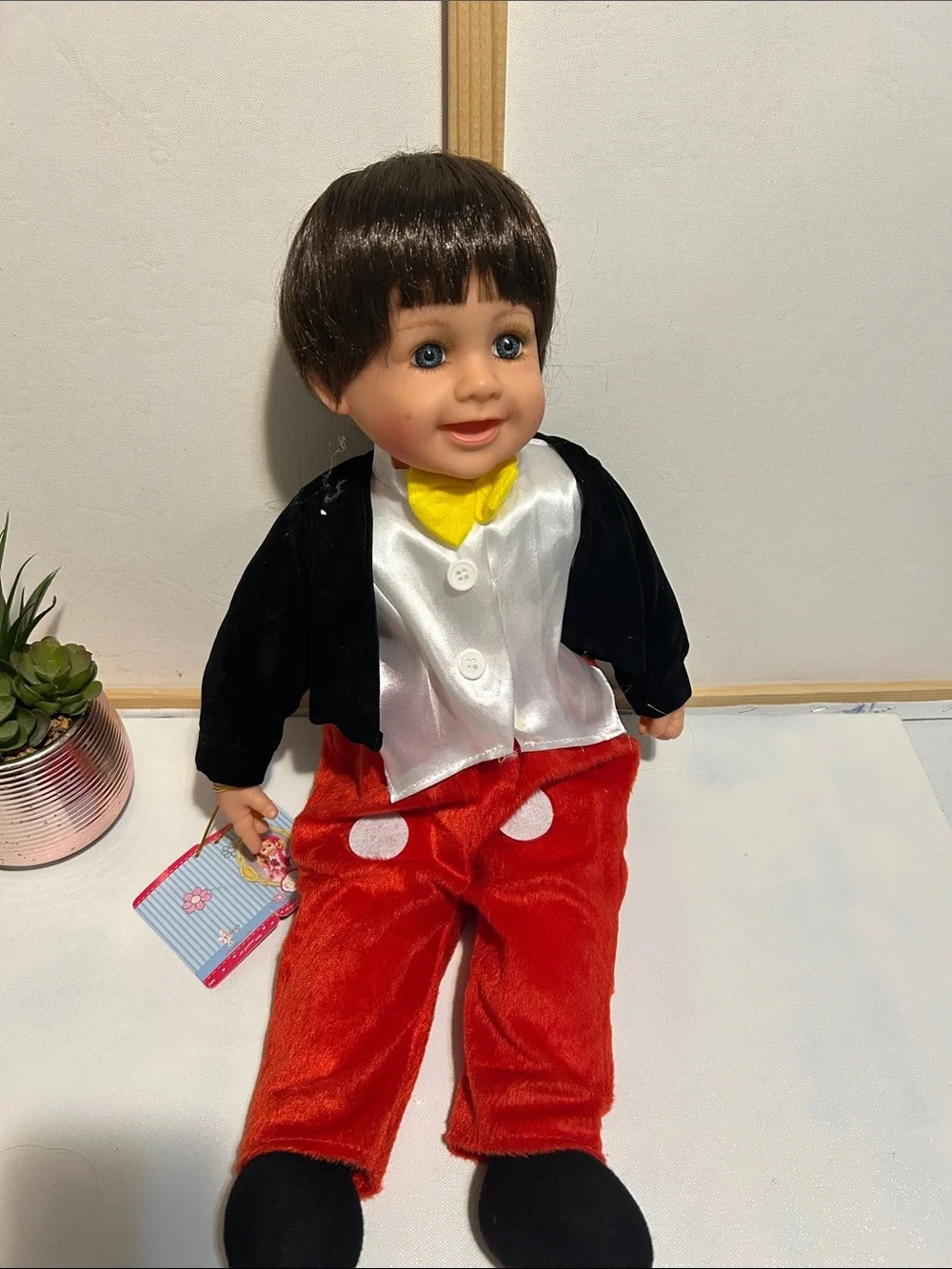 Plush Boy Doll in Red Pants with Yellow Bow - Kids Toys